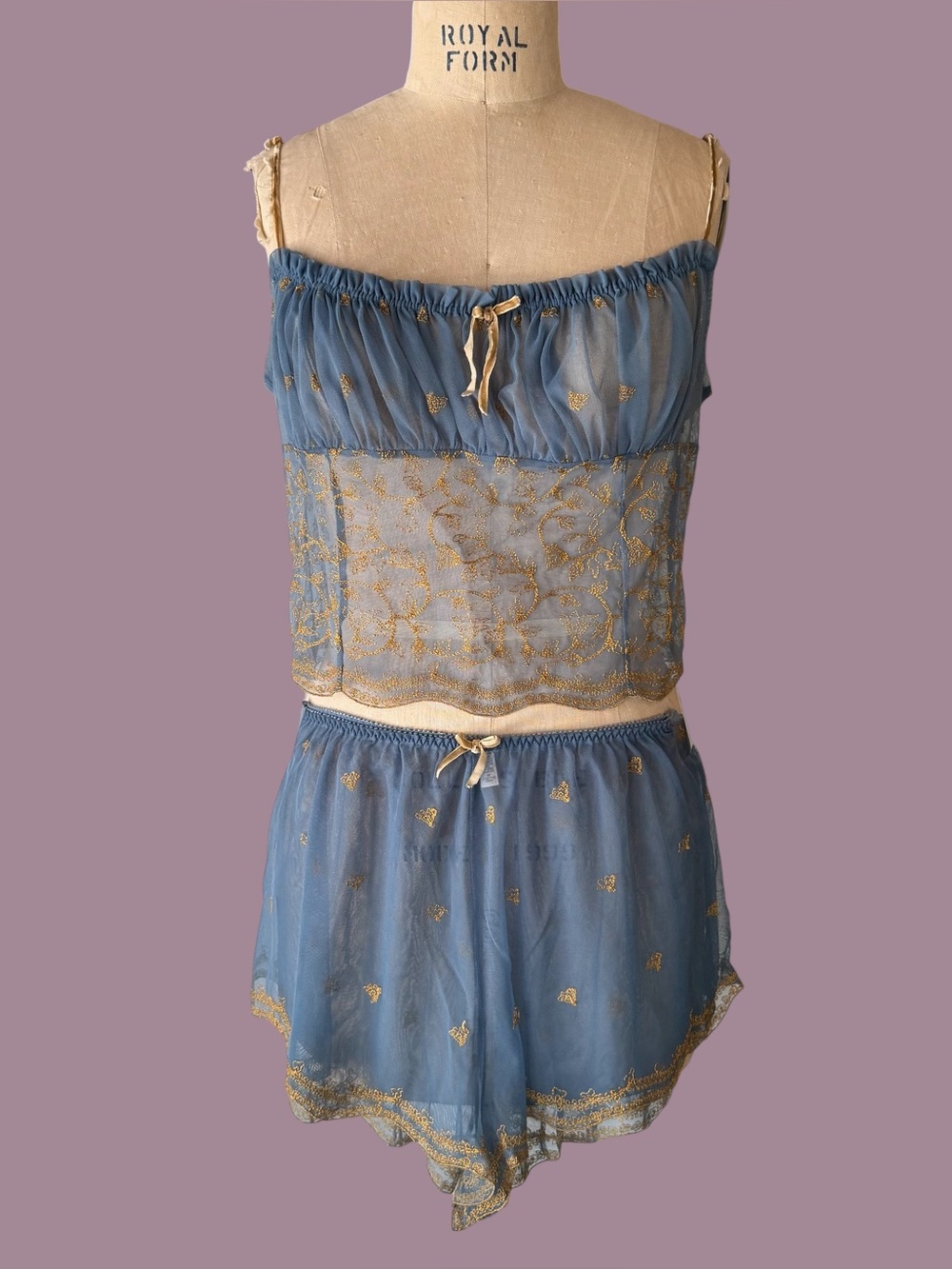 Vintage Y2K Victorias Secret Blue Gold Princess Sheer Mesh Milkmaid Pajama Set